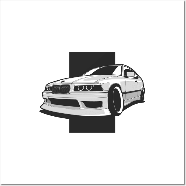 White Silver E36 Compact Drift Wall Art by KaroCars